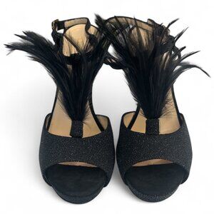 Kate Spade Black Glitter Feather Accent Heels Slingback Sandals Size 7